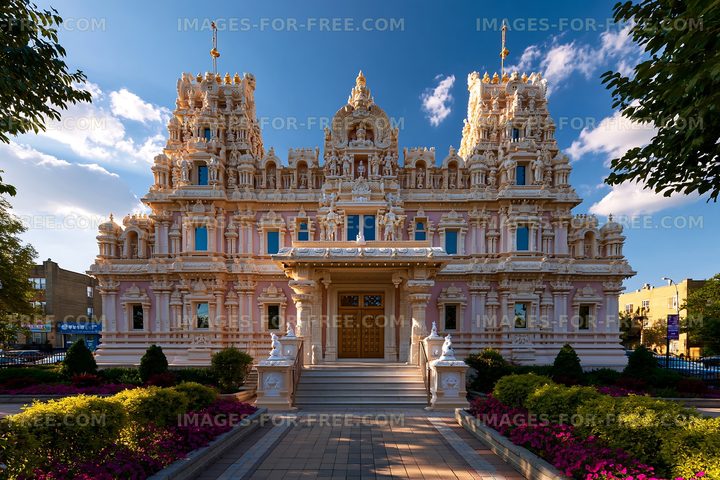Intricate architecture of a temple against a blue sky