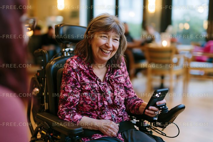 Woman in wheelchair smiling while using smartphone indoors