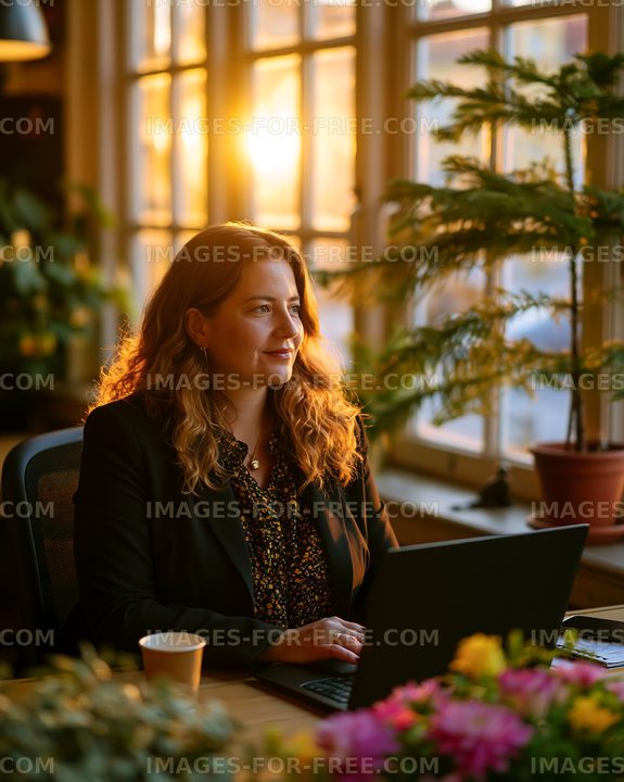 Woman working on laptop by window during sunset