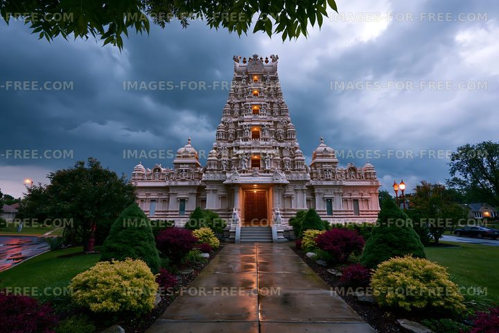 Hindu temple in a garden setting under cloudy sky