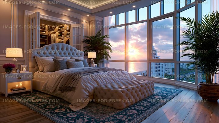 Luxury bedroom with sunset view from large windows