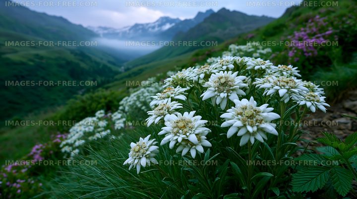 Mountain flowers bloom in the valley during morning light