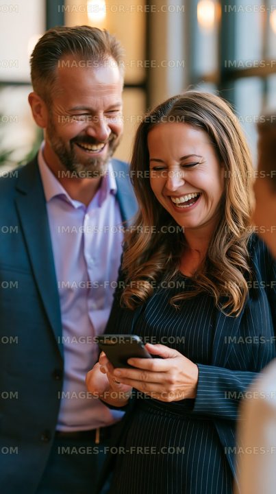 Business colleagues sharing a laugh while looking at a phone