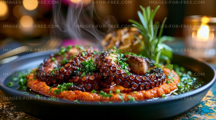 Grilled octopus served on a bed of red puree with herbs