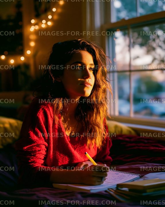 Young person writes in a notebook by a window during sunset