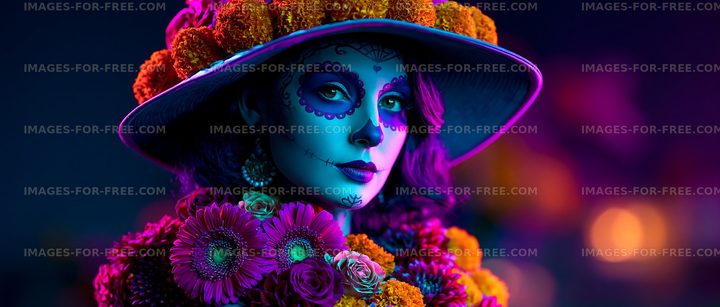 Woman in colorful costume with face paint and floral headpiece