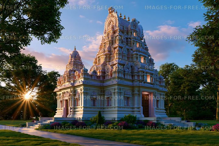 The scene shows a temple with detailed carvings and a tall spire