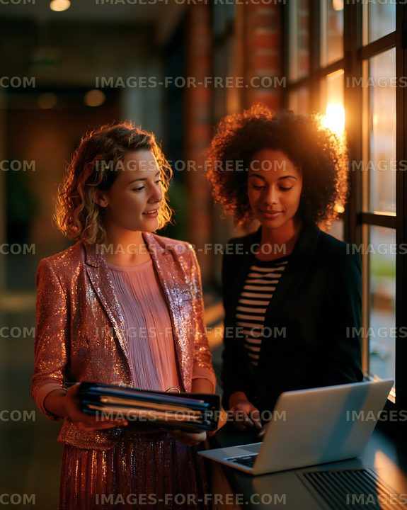 Two women discussing work near a window during sunset