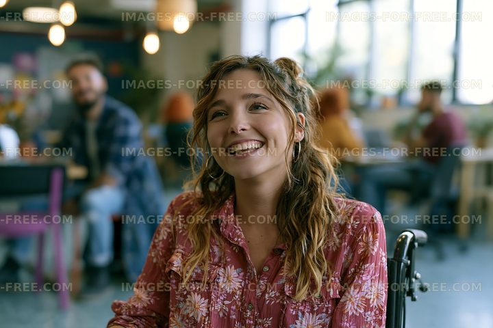 Woman smiling in a modern cafe with people working around her