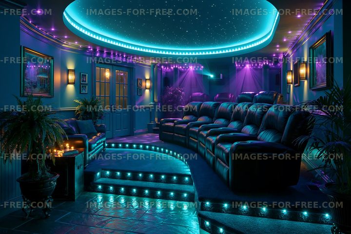Home theater room with blue ambient lighting and comfortable seating