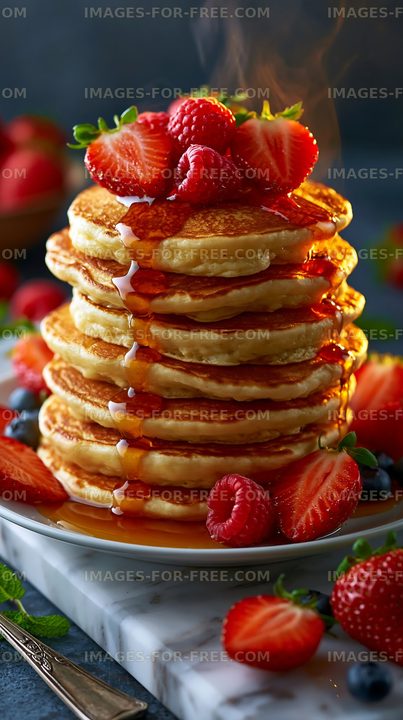Stack of pancakes with syrup and berries on a plate