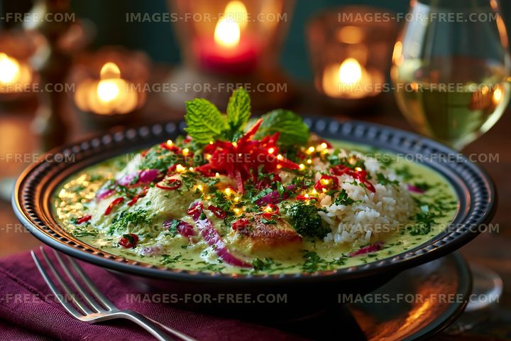 Delicious meal served on a dark plate with rice and herbs