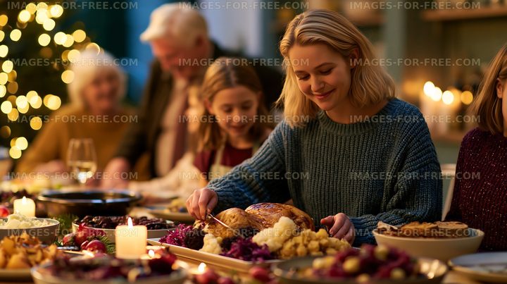Family gathers around table to enjoy holiday dinner