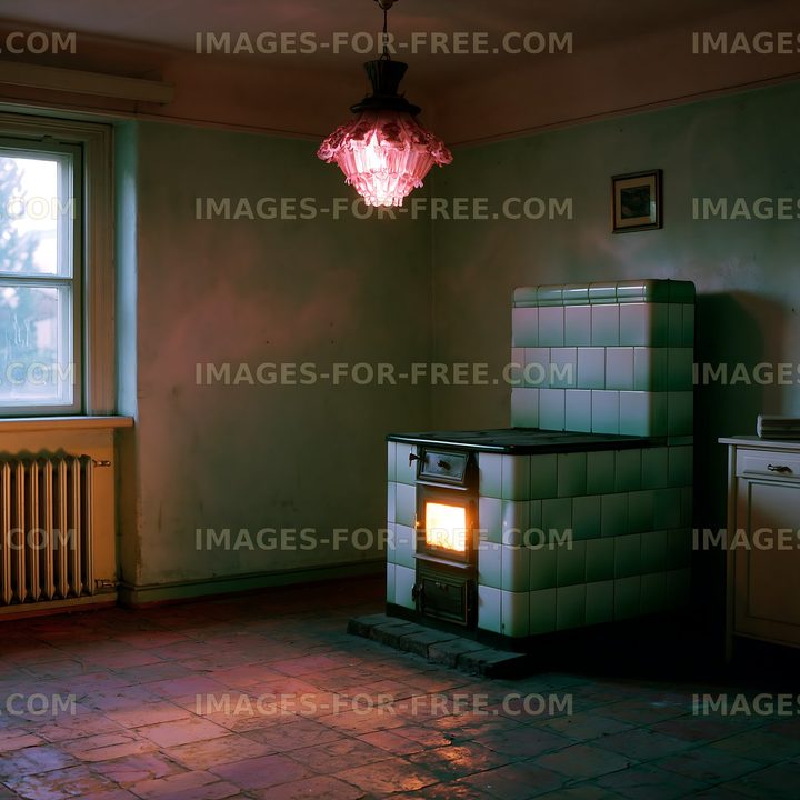 Old kitchen with stove and a pink lamp in a dimly lit room