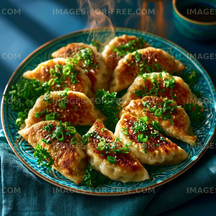 Dumplings served on a blue plate with green garnish and steam