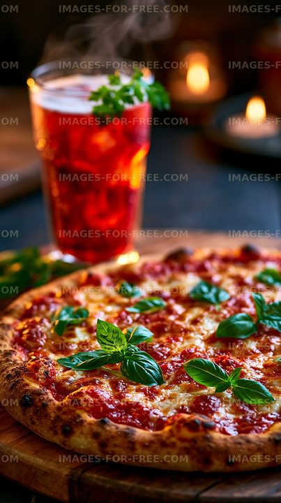 Freshly baked pizza with basil and a drink on the table