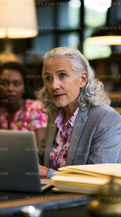 Business meeting in a library with two professionals discussing plans