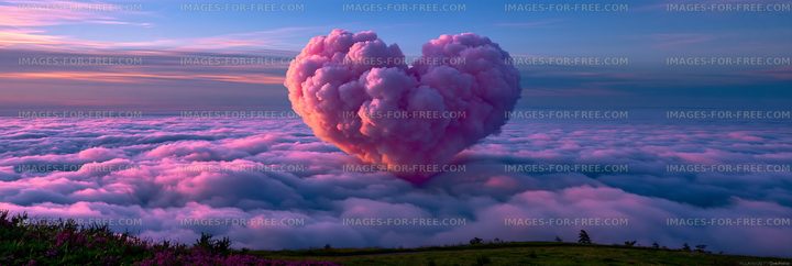 Clouds forming a heart shape over purple sky at sunset