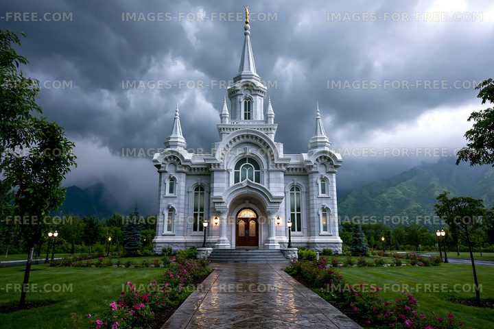 A large church building stands prominently with a grand entrance