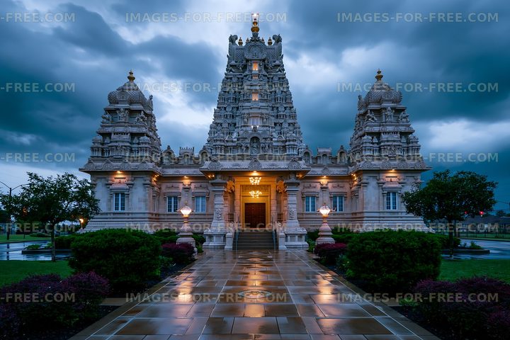Temple building under a cloudy sky at evening time