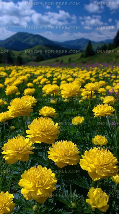 Field of bright yellow flowers with mountains in the background