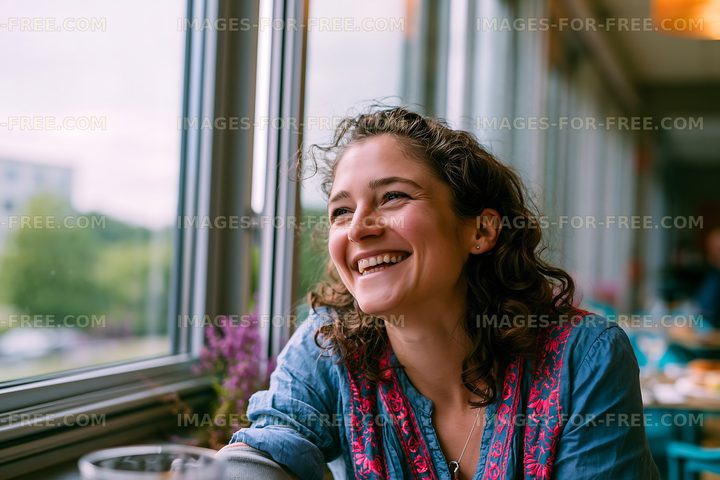 Woman smiling by a large window in a cafe