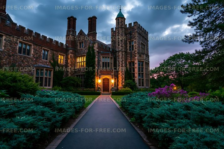Historic castle with stone walls during twilight