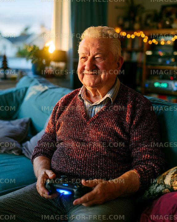 Senior man playing video games at home in the evening
