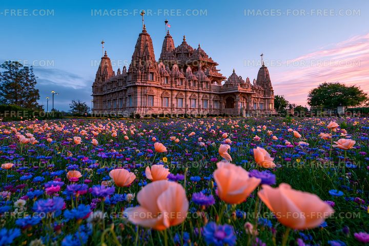 Temple surrounded by flowers at sunset