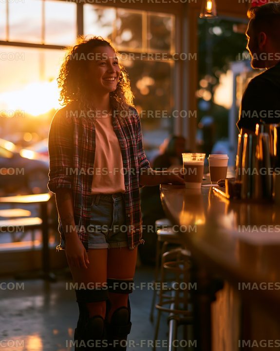 Young woman smiling at bar counter during sunset