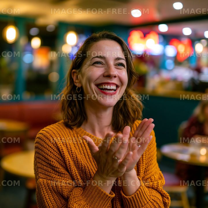 Woman clapping and smiling in a cozy diner setting at night