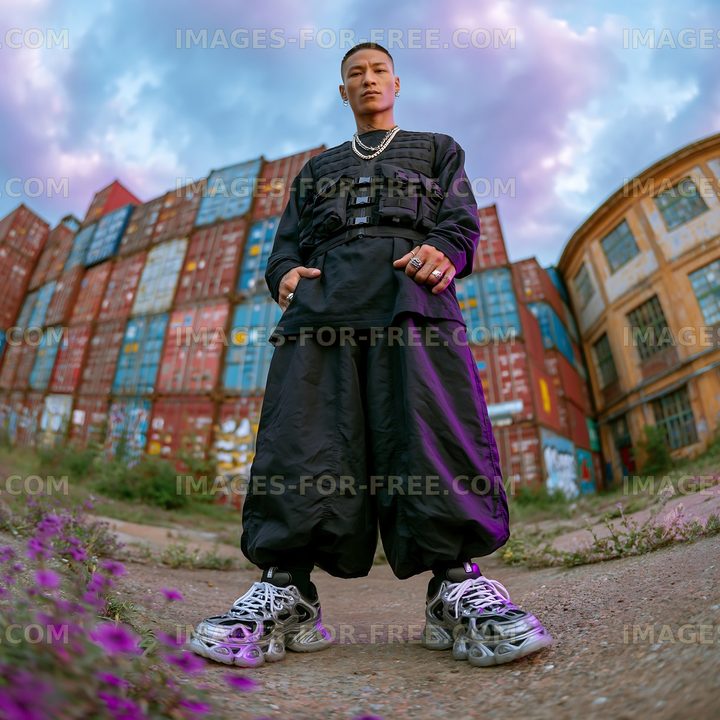 Man in black outfit poses in urban area with colorful containers
