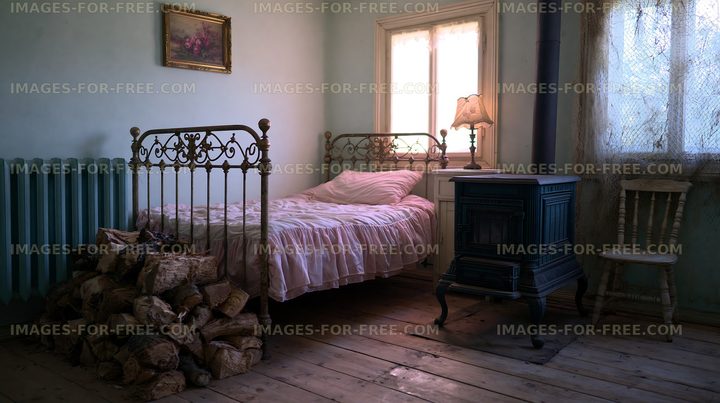 Old bedroom with a bed, lamp, and wooden furniture