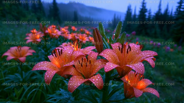 Flowers with raindrops in a forest at dusk
