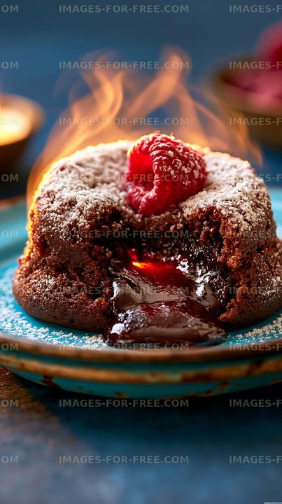 Chocolate lava cake with raspberries on a blue plate