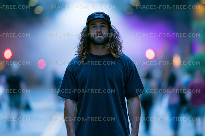 Man stands on street with people walking in the background at night