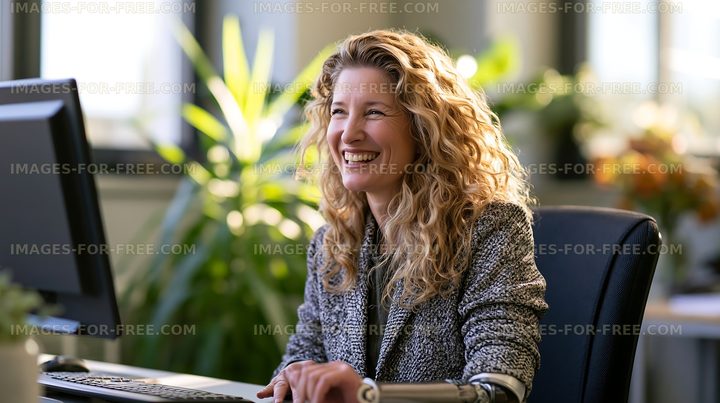 Woman with curly hair working at a computer in an office setting