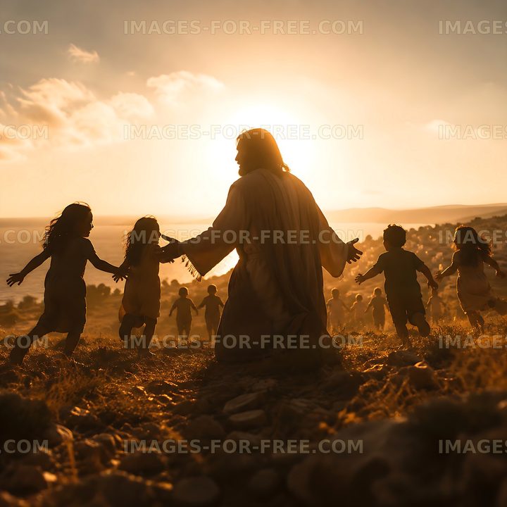 Children playing around a figure with sun in the background