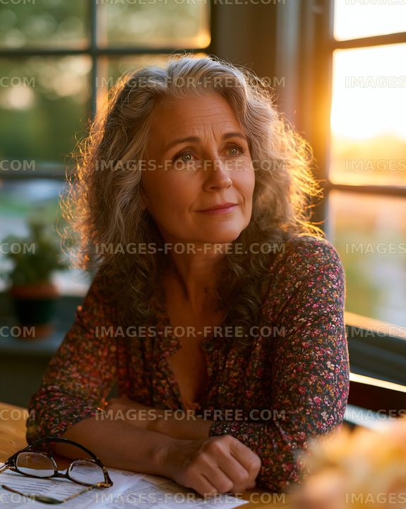 Woman with gray hair sitting at table during sunset