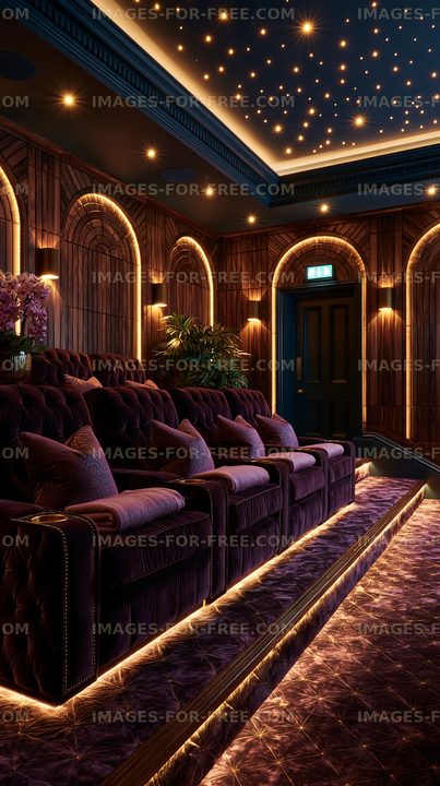 Home theater seating area with ambient lighting and wood paneling