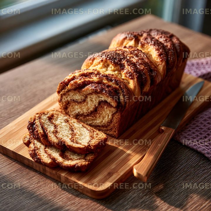 Freshly sliced bread on a wooden cutting board by a window
