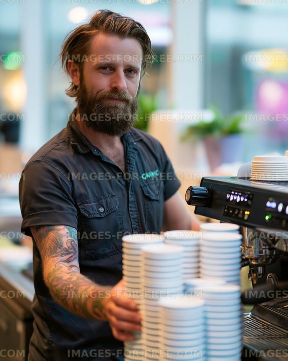 Barista working with coffee cups in a cafe environment