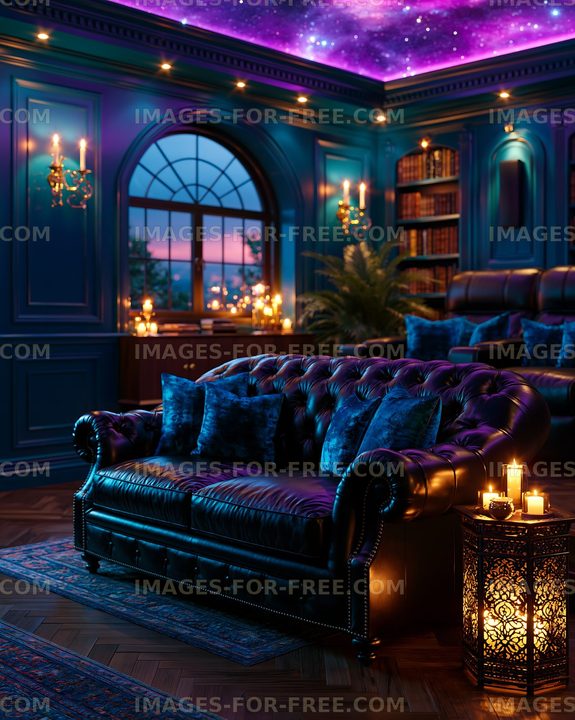Cozy living room with a view at sunset