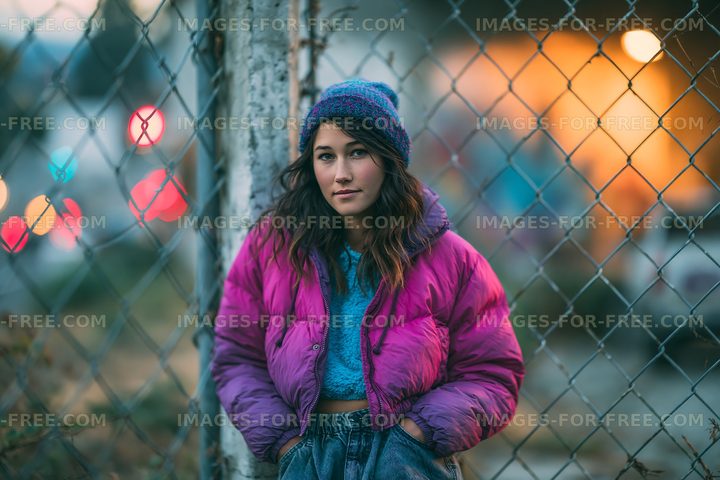 Young woman in colorful jacket posing near fence at sunset