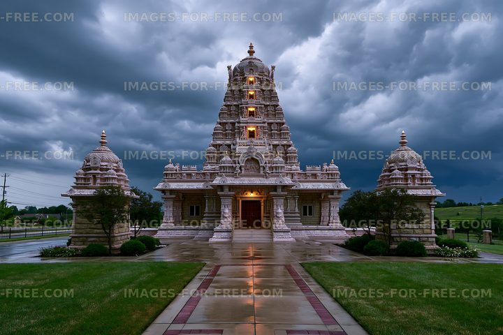 Temple structure under cloudy sky with rain