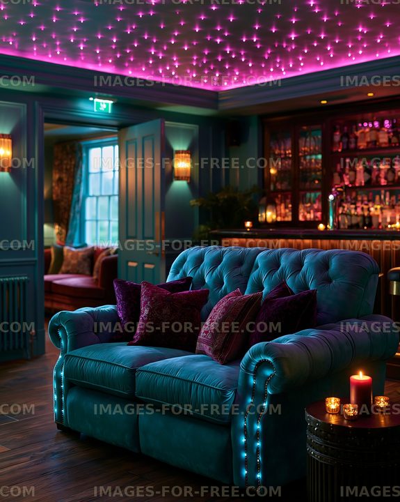 Cozy lounge area with blue sofa and colorful lighting