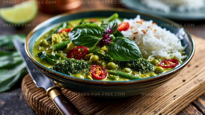 Vegetable curry served with rice on a wooden table