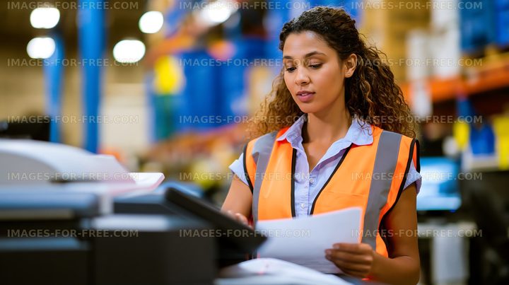 Worker using printer in warehouse setting during the day