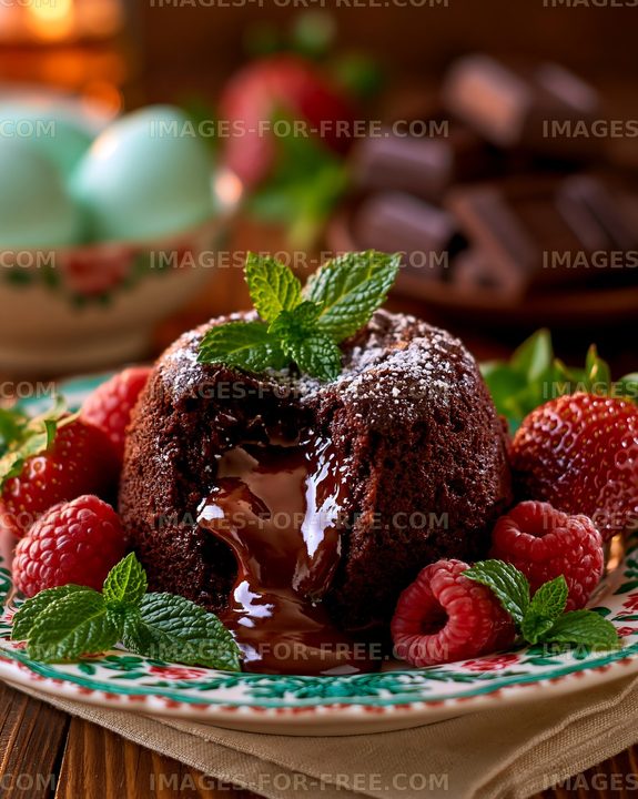 Chocolate lava cake served with fresh raspberries and mint leaves