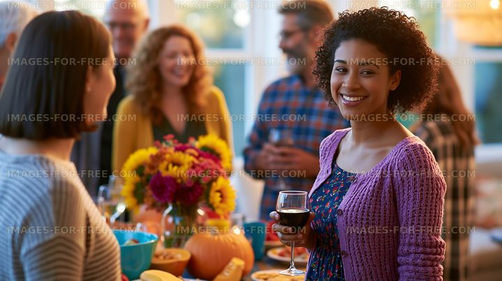 Gathering at autumn party with food and drinks